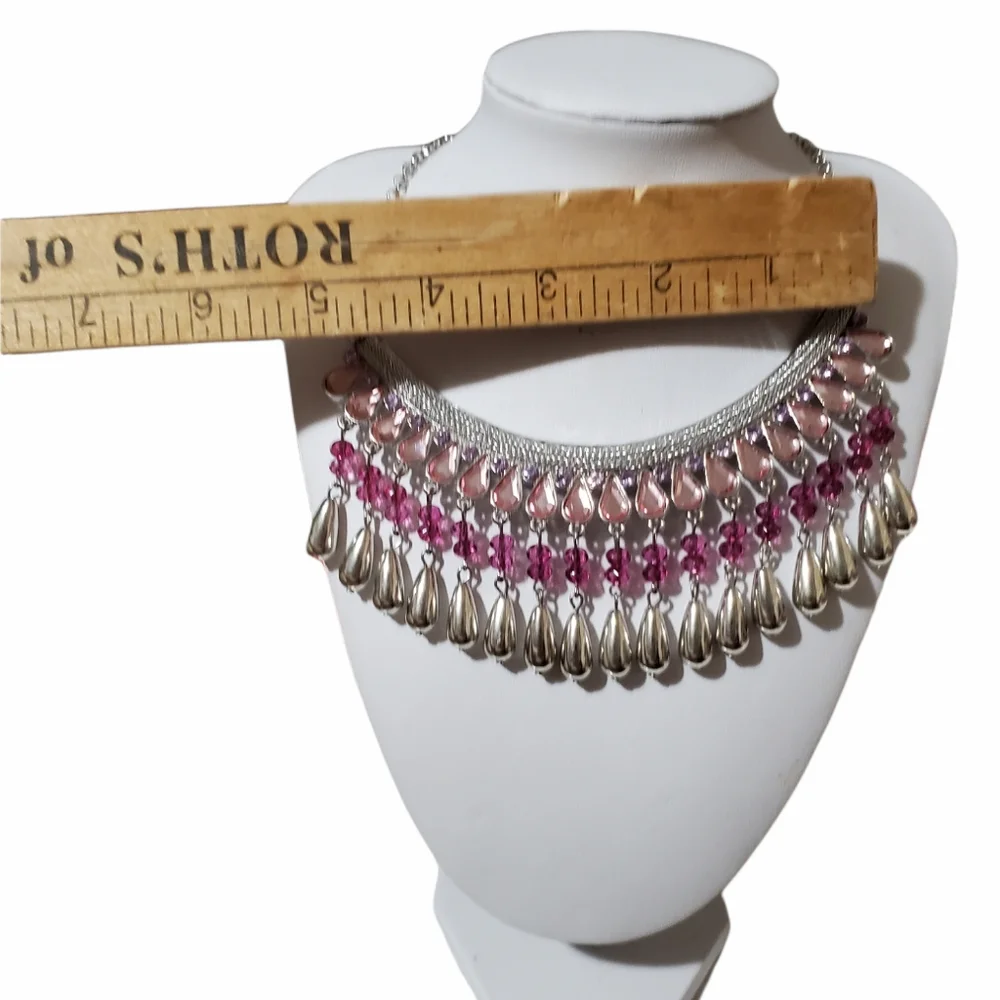 Big Bold Beautiful Pink Crystal Rhinestones Silver Teardrops Statement Necklace